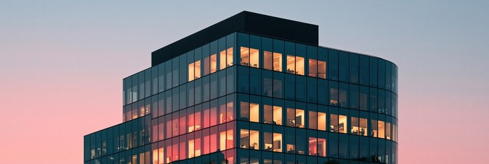 Fototapeta premium Modern multistory office building with lit interiors at sunset for corporate banner and website background