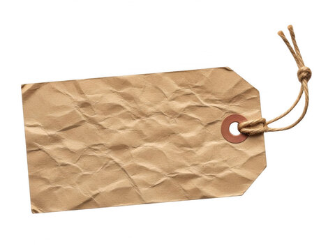 Brown paper tag with string attached isolated on white background