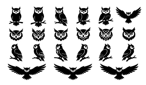 Black owl silhouette collection featuring perched side profile face and flying owls in multiple poses for nature and design