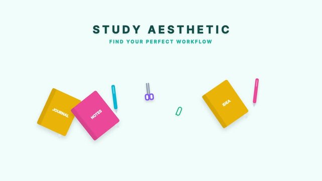 Study aesthetic stationery flat lay with colorful notebooks and pens