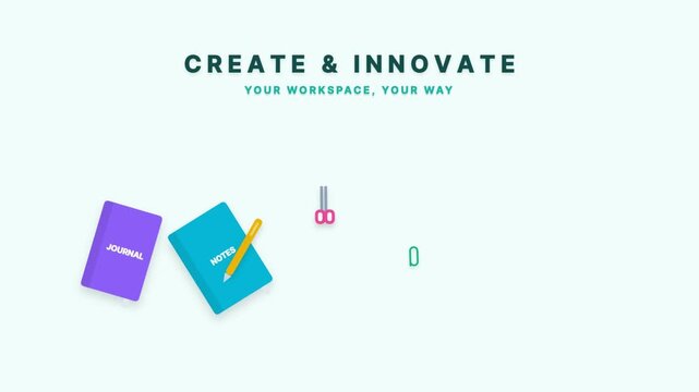 Create and innovate workspace concept with flat stationery icons and animation