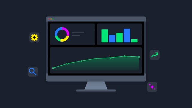 Digital data dashboard interface with business analytics and marketing charts