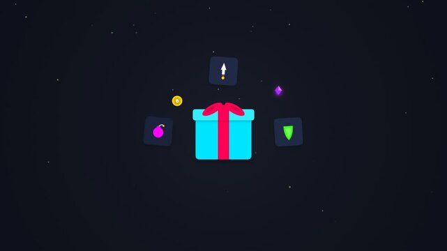 Animated gift box with floating game icons and rewards on dark background