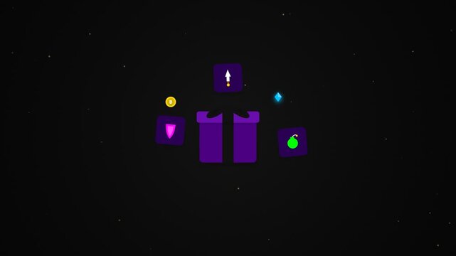 Game loot box opening animation with floating colorful icons and rewards