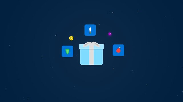 Gift box with game icons floating on a dark blue background for gaming ui