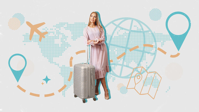 Traveling with a suitcase and preparing for an adventure across the world with maps and transportation icons in a bright setting