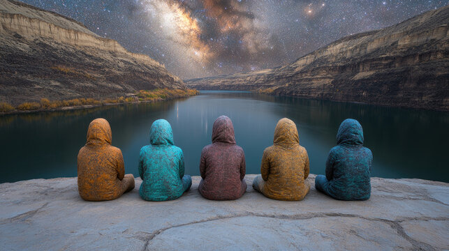 Five friends in colorful hooded outfits sit together watching a stunning milky way galaxy over a serene lake and mountains.