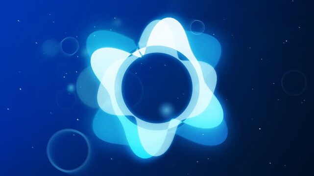 Neon glowing abstract waves forming a circular motion on a blue background