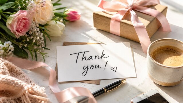 Handwritten "Thank you!" card surrounded by pink roses and tulips, a wrapped gift with pink ribbon, coffee cup, pen, smartphone and a cozy scarf