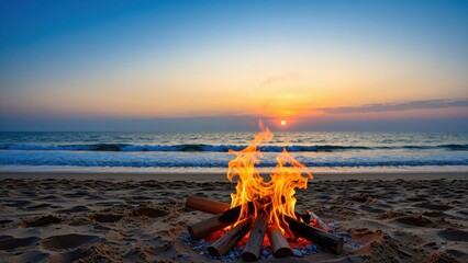 Naklejka premium Cozy campfire on a sandy beach during sunset with ocean waves, colorful sky, relaxing outdoor scene, suitable for travel, leisure, and nature themes