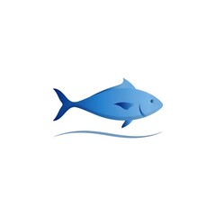 Fototapeta premium Minimalist blue fish icon with a simple wave line isolated on a clean white background