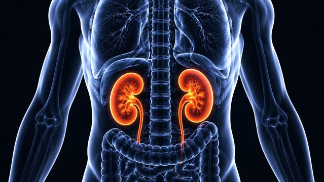 Human kidney anatomy with highlighted renal organs and ureters 3D medical illustration