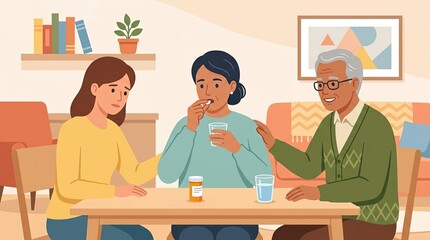 Fototapeta premium Medication management at home with family support in vector style