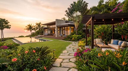 Fototapeta premium Tropical house with ocean sunset view