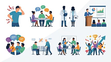Fototapeta premium Medical Seminar with Doctor and Patient Interactions in Vector Style