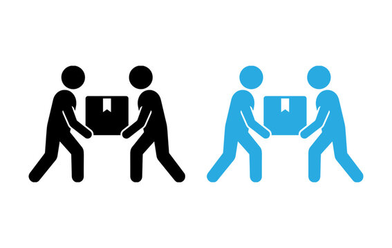 Vector icons of two people carrying a box together representing teamwork, moving, delivery, and manual labor.