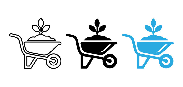 Wheelbarrow with plant icon set, gardening and agriculture symbol for landscaping and environmental concepts