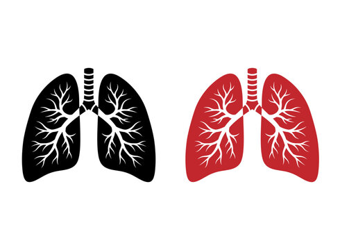 Set of human lung icons in black and red colors, vector illustration for medical education and respiratory health care.