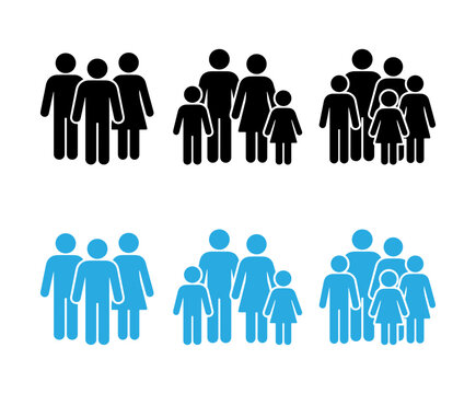 Set of stick figure family and group icons representing parents, children, team members, and community.