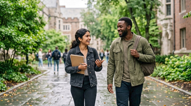Diverse college friends happily conversing on university campus path for education blogs, student wellness articles, university brochures, and higher education websites
