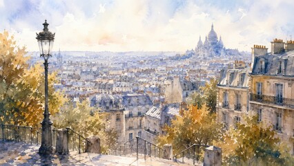 Fototapeta premium Watercolor cityscape from a hillside staircase overlooking rooftops, lamppost and distant domed basilica under a soft pastel sky at golden autumn light