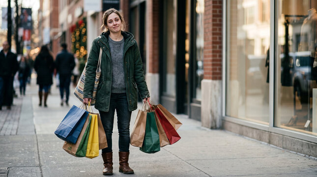 Person carrying an armful of colorful shopping bags during Black Friday retail events, representing successful shopping, sales, and consumer celebration
