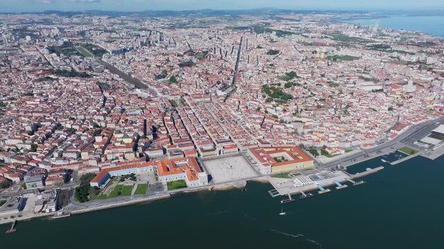 High angle aerial view of Lisbon metropolitan area, Commerce Square and Rua Augusta Arch on Tagus River, Lisbon geography