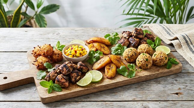 Delicious falafel platter with fried plantains and fresh salsa served on a rustic wooden board. Caribbean street food mix