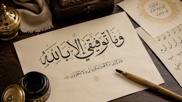 Elegant Arabic calligraphy on parchment with traditional reed pen, ink pot, brass accents and practice sheets on a wooden desk