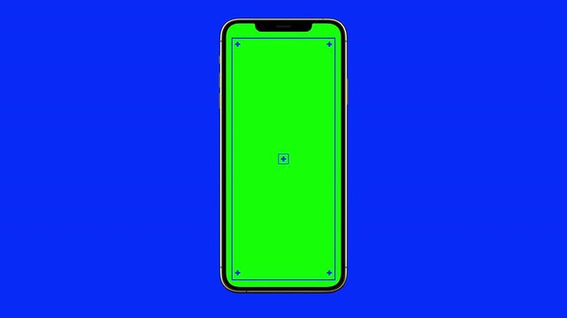 Brushed Gold slim realistic phone frame, animates in from top, scales up and animates out from the bottom of the screen. graphics template. Chroma key green blue 4k
