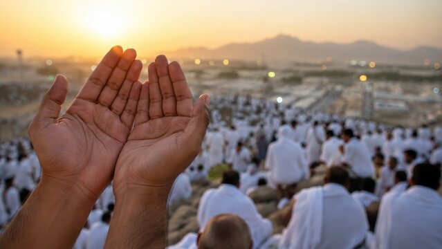 Pilgrims in white ihram garments raising hands in prayer on a hill at sunset, overlooking a vast encampment and crowd in a spiritual moment