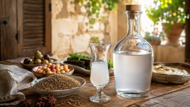 Rustic Mediterranean meze spread with a bottle and a cloudy anise spirit in a glass, olives, grains and dips on a sunlit wooden table
