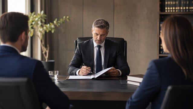Male executive in a suit reviewing and signing documents at a conference table during a formal client meeting in a modern office