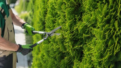 Fototapeta premium Gardener trimming a dense evergreen hedge with long-handled loppers while wearing green protective gloves