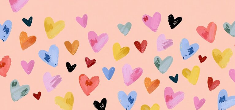 Pastel-colored hand-painted hearts on a soft blush background create a tender and romantic vibe.