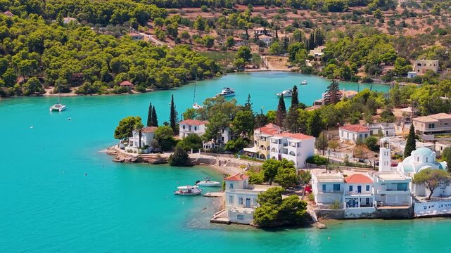 Drone flies parallel revealing Porto Cheli's sheltered turquoise bay. White villas, an Orthodox church with blue dome and cypress trees line the charming coastline.