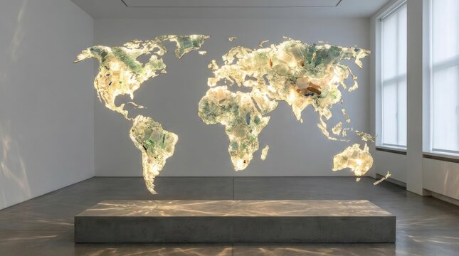 Holographic world map displayed in minimalist art gallery.