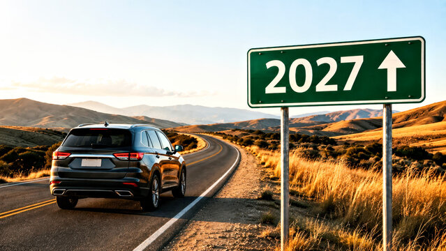 Car Driving Toward 2027 Road Sign for Future Direction, New Year Goals and Planning