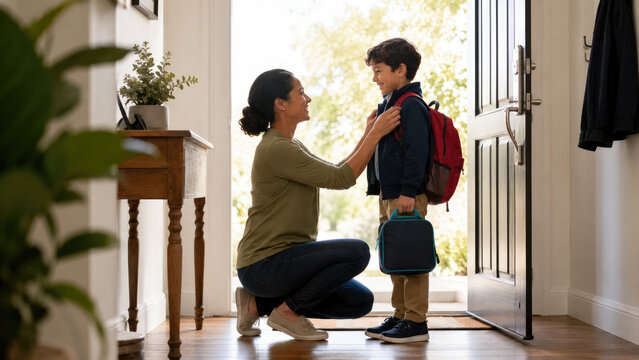 Mother kneels in a doorway adjusting her young son's backpack and lunchbox as he smiles, leaving home for school in a warm morning scene