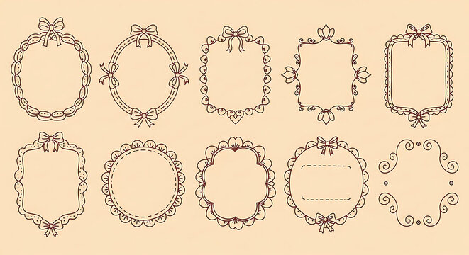 Set of vintage hand drawn frames and decorative doodle borders featuring ribbon bow elements sketchy invitation labels and ornamental lace clipart