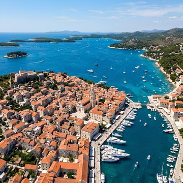 Aerial view of Korcula old town and harbor Croatia with yachts and historic architecture