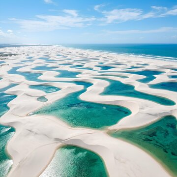Aerial view of Len&ccedil;&oacute;is Maranhenses National Park Brazil with white sand dunes and turquoise lagoons