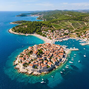 Aerial View of Korčula Old Town Island Croatia with yachts and clear blue Adriatic Sea