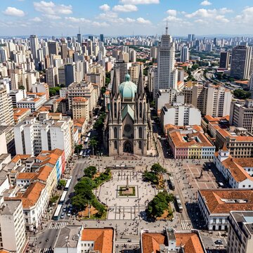 Aerial View of Metropolitan Cathedral and Downtown Sao Paulo Skyline Brazil