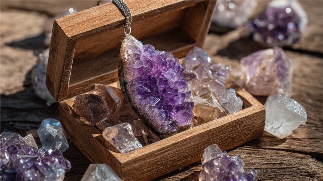 Amethyst crystals wooden box display