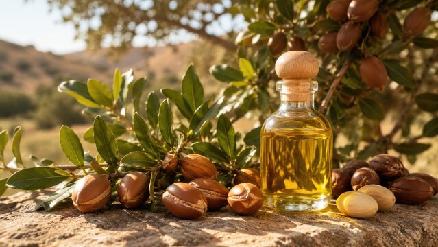 Bottle of golden argan oil with argan nuts and glossy leaves on a sunlit rustic stone outdoors