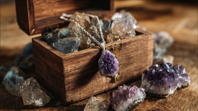 Crystals amethyst necklace wooden box
