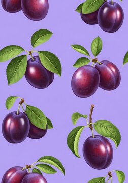 A seamless botanical pattern featuring ripe purple plums and green leaves on a vibrant violet background, perfect for textile and decor, violet, botanical, juicy