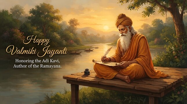 Sage valmiki jayanti celebration with ancient scripture and quill pen