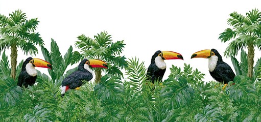Obraz premium Colorful toucans perched among dense tropical leaves create a lively summer-themed border design.